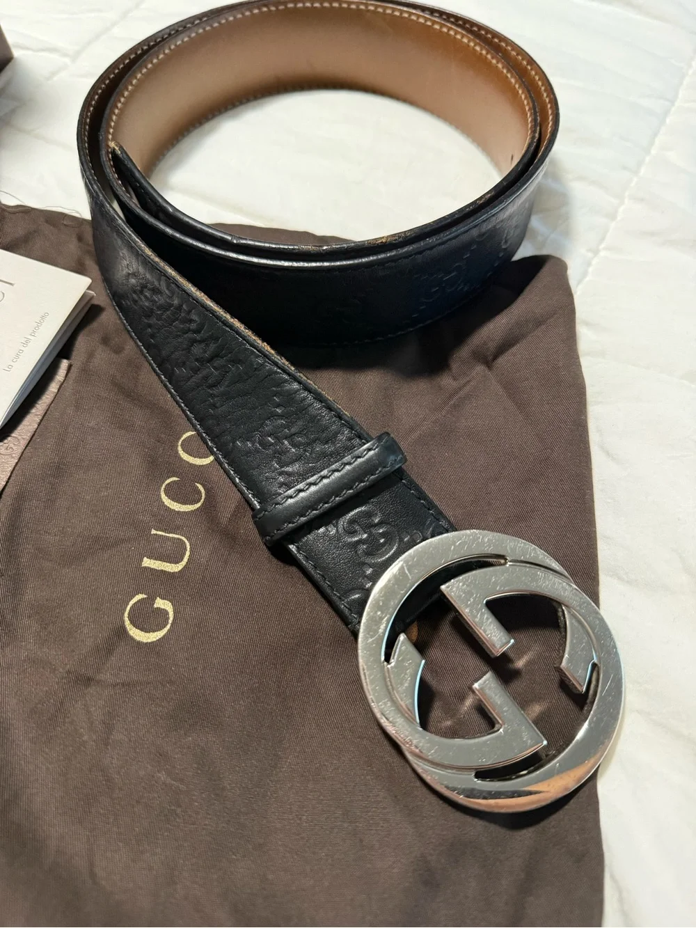 Gucci Black Leather Men's Belt with Silver Double G Buckle and Brown Interior